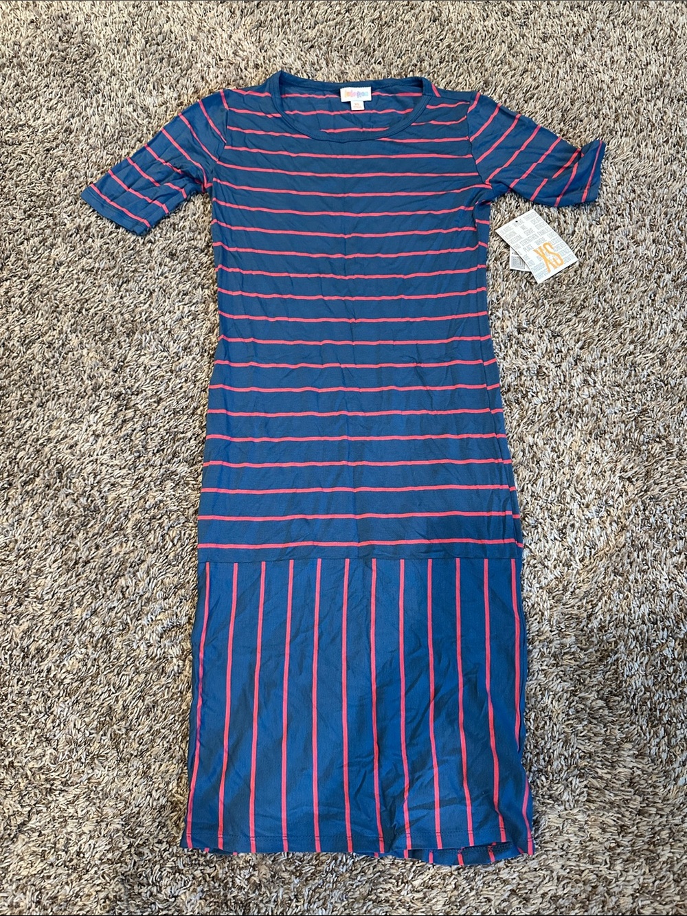 LuLaRoe Navy and Pink Striped Midi Dress - Mixed Stripe Midi